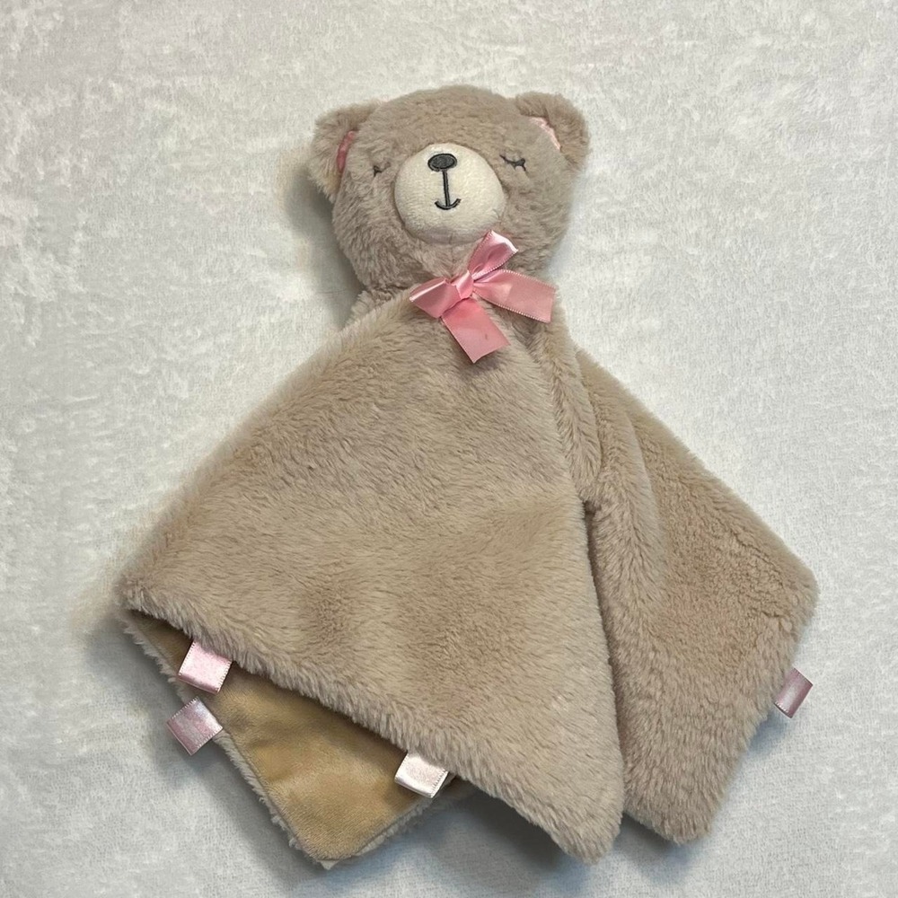 Teddy Bear Lovey Baby Blanket Brown Tan with pink bow Kellytoy